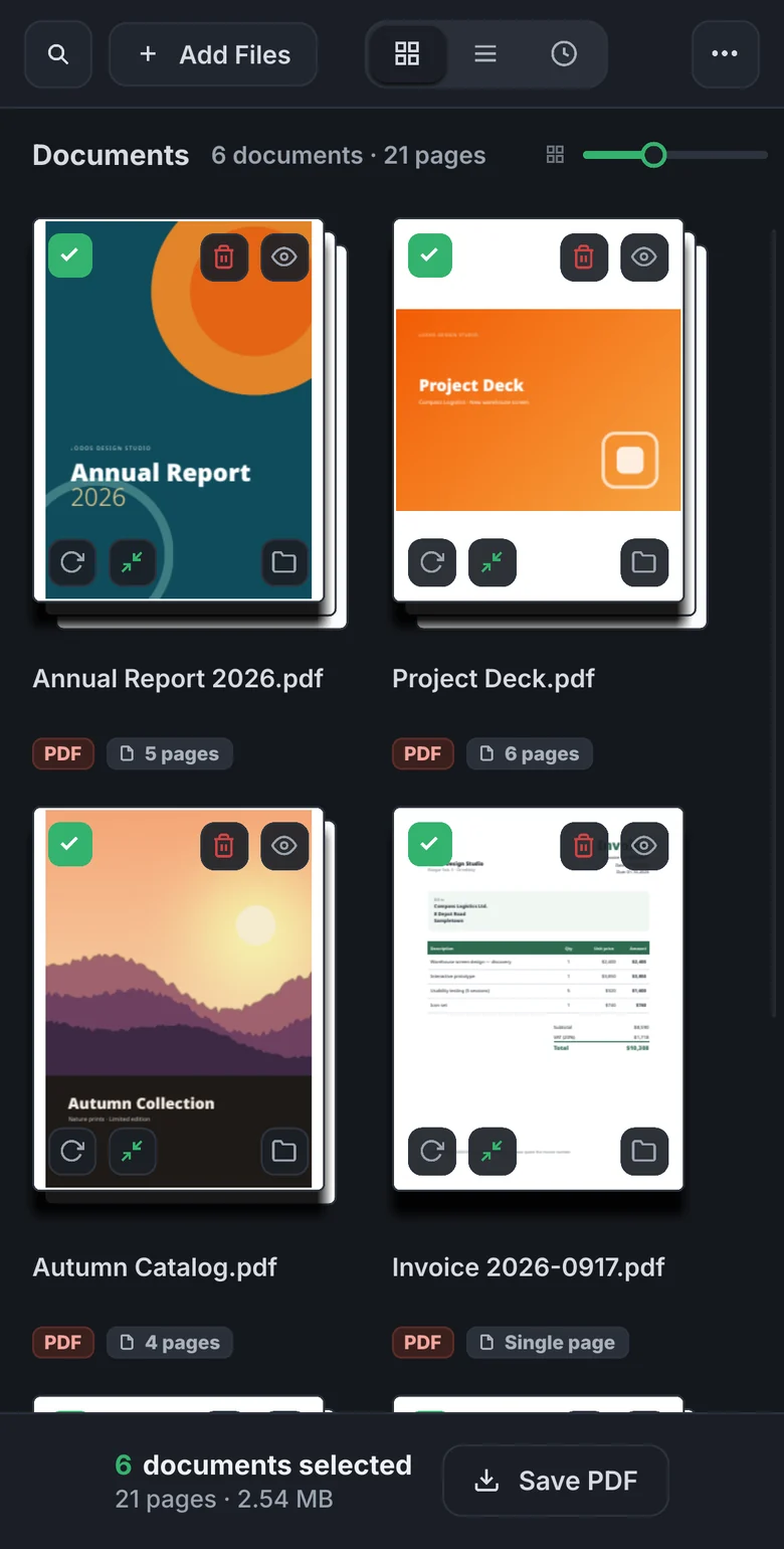Deste on a phone: the Stacks view with two columns of document cards and the Save PDF button.